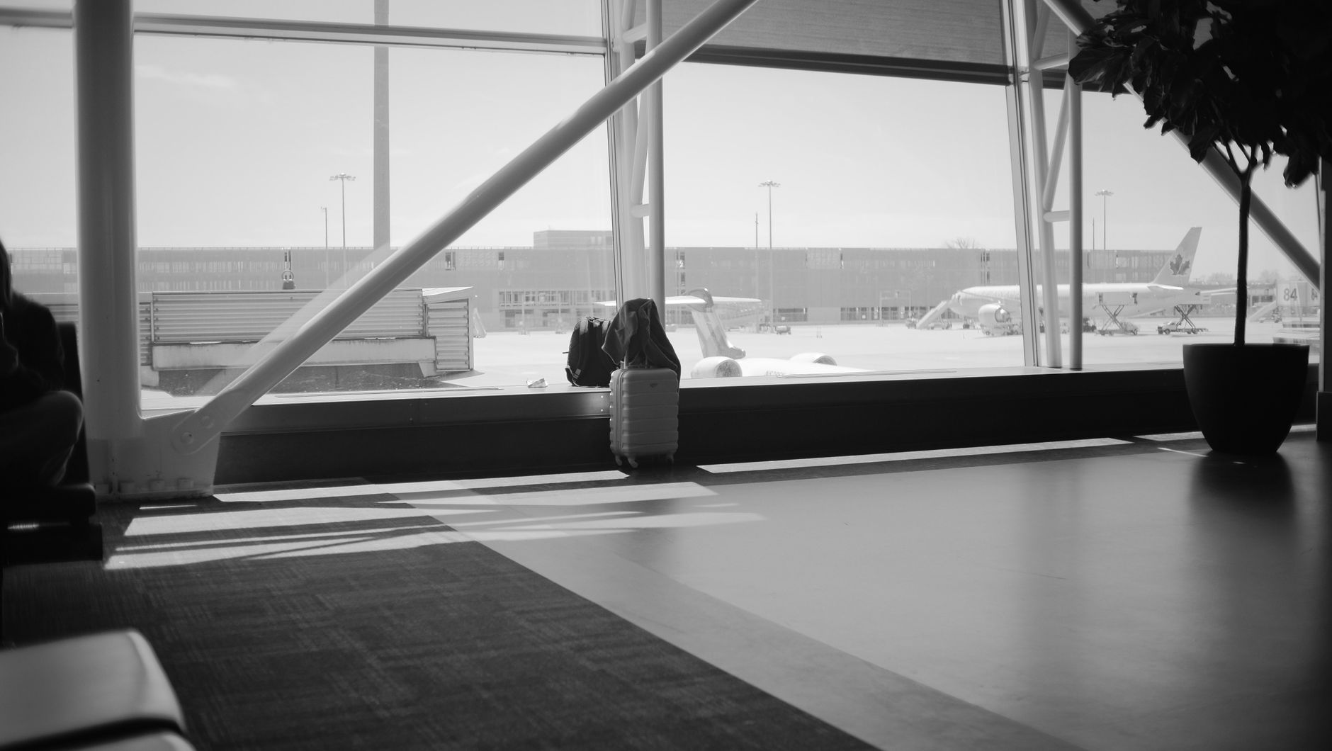 공항 창가에 놓인 여행용 수하물